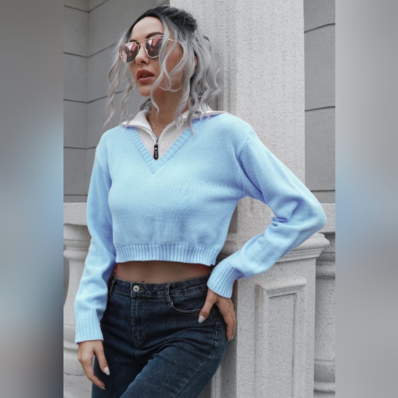 Collar Contrast Color Preppy Crop Top Long Sleeve Faux Layer Sweater Shirt - Picture 1 of 8